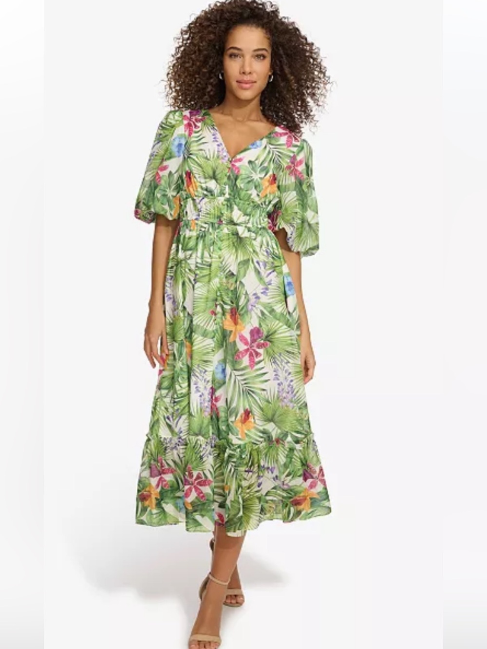 kenzie Green Tropical Floral V-Neck Midi Dress